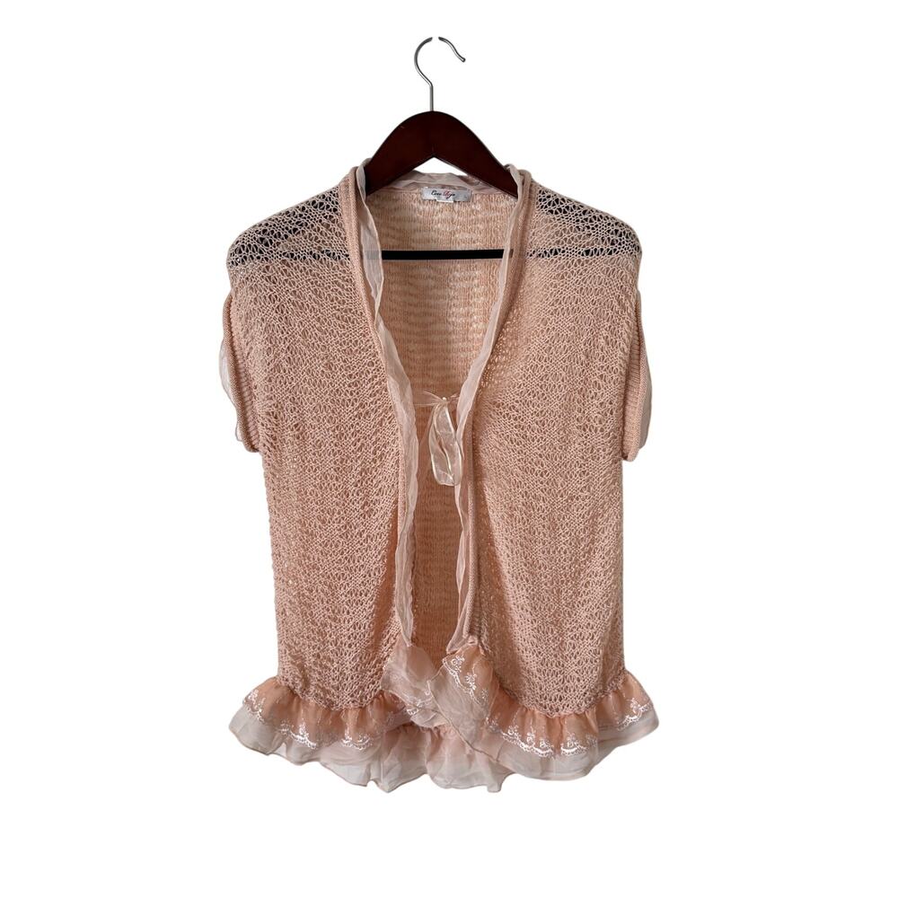 Coco Roja Women's Open Knit Cardigan Size Large Blush Pink Ruffle Sheer Trim